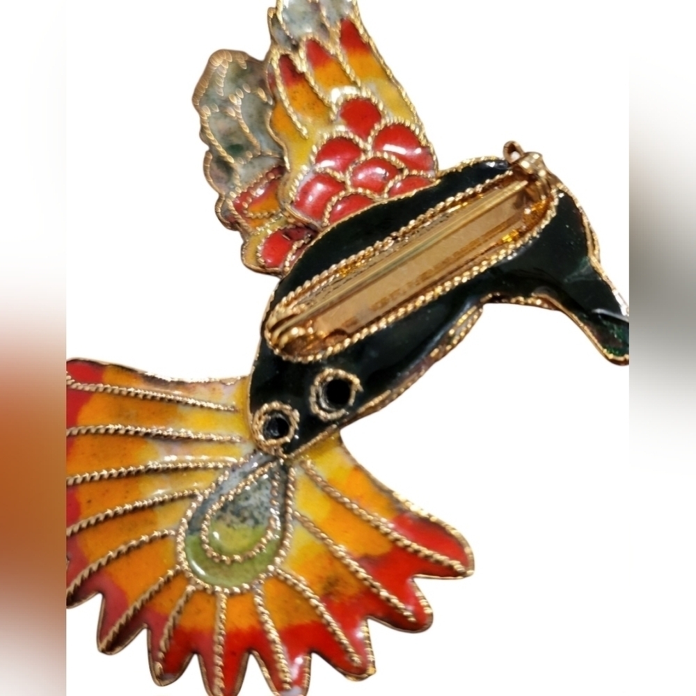 Cloisonné Hummingbird Multicolor Gold Tone Brooch Pin - Picture 3 of 5